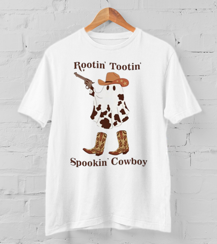 Gotfunny Rootin' Tootin' Spookin' Cowboy Brown Boots Ghost Hat Gun Blazing T-Shirt