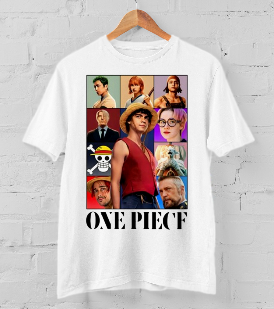 One Piece Characters Collage With Skull And Straw Hat T-Shirt