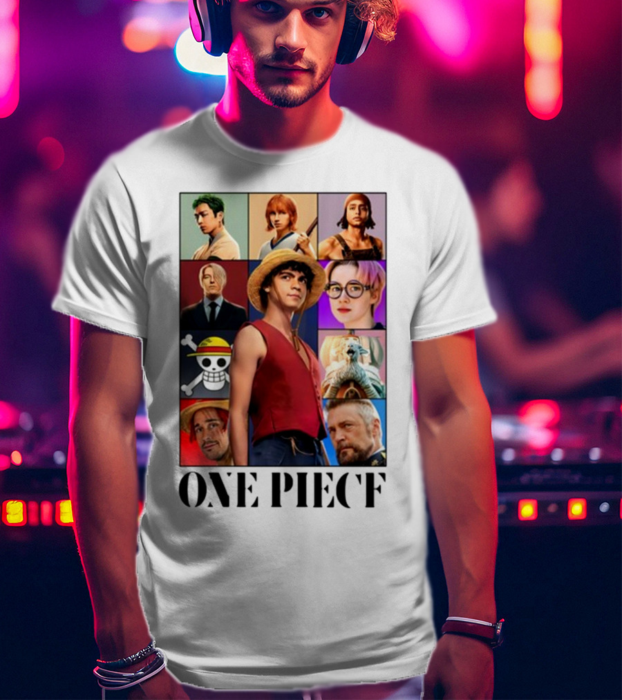 One Piece Characters Collage With Skull And Straw Hat T-Shirt