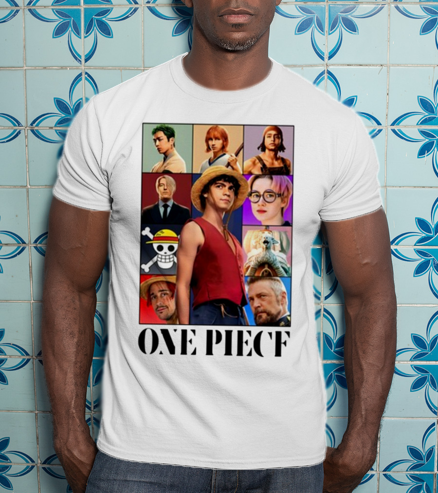 One Piece Characters Collage With Skull And Straw Hat T-Shirt