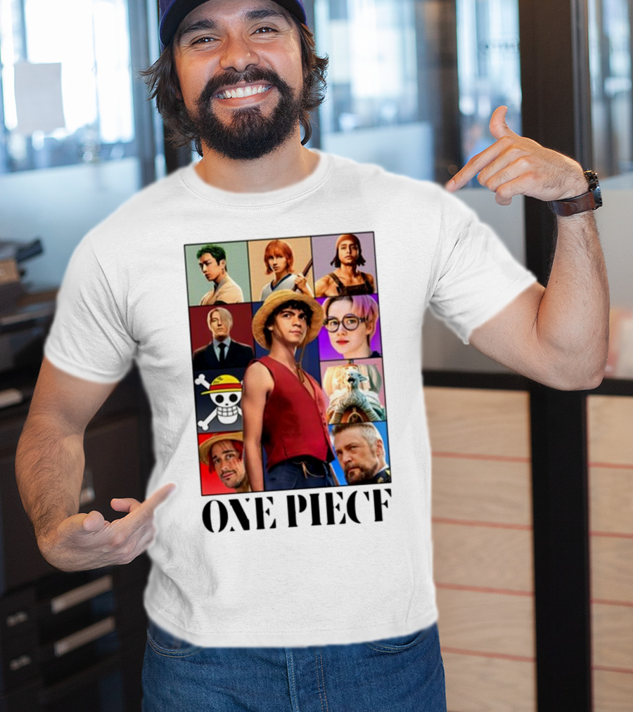 One Piece Characters Collage With Skull And Straw Hat T-Shirt