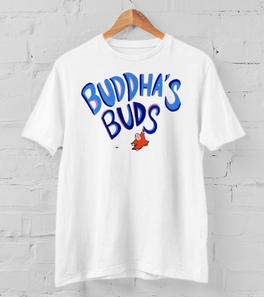 Buddha's Buds Blue Lettering With Cartoon Figure T-Shirt