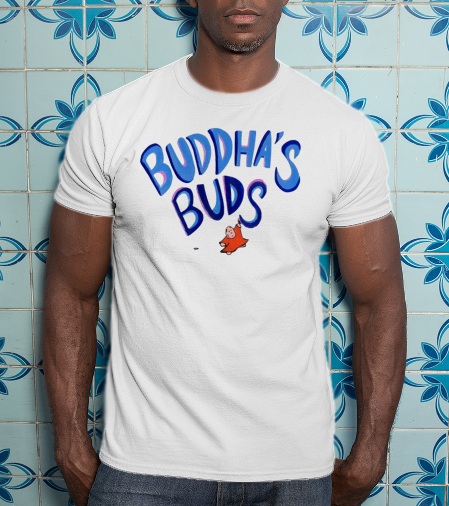 Buddha's Buds Blue Lettering With Cartoon Figure T-Shirt