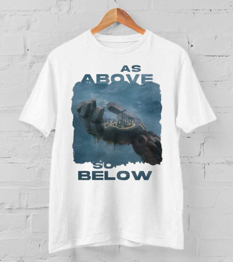 Essenger X Cryoshell As Above So Below Robotic Hand Holding Cityscape T-Shirt
