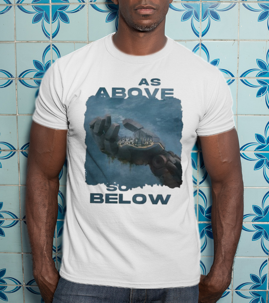 Essenger X Cryoshell As Above So Below Robotic Hand Holding Cityscape T-Shirt