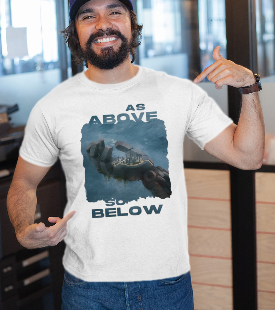 Essenger X Cryoshell As Above So Below Robotic Hand Holding Cityscape T-Shirt