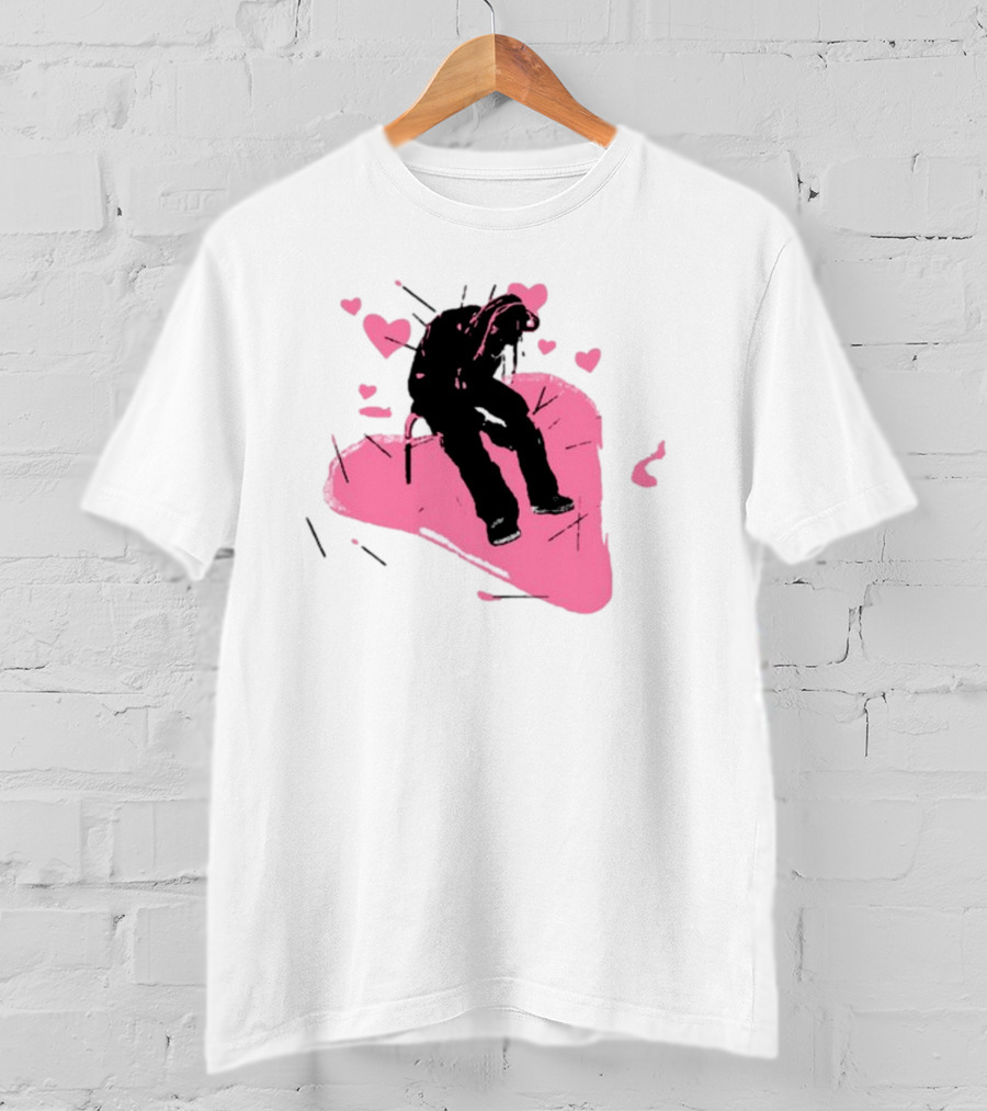 Drokenji Hearts White Pink Heart Black T-Shirt