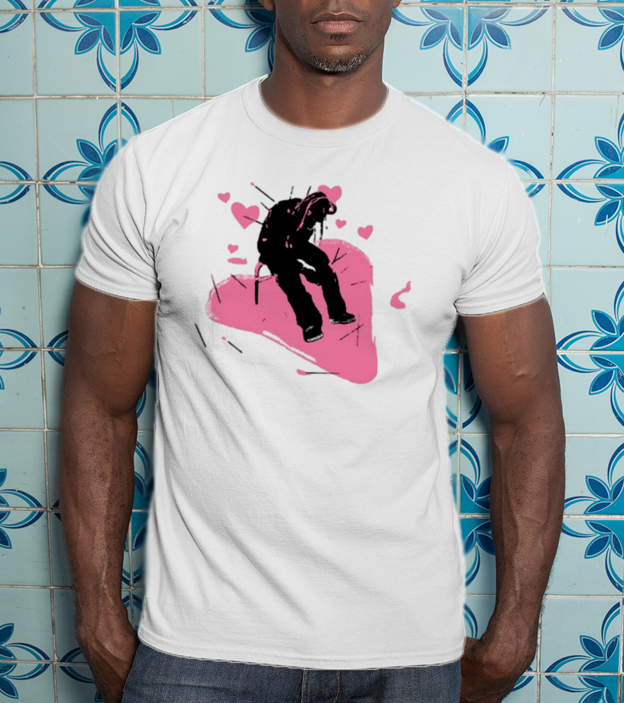 Drokenji Hearts White Pink Heart Black T-Shirt