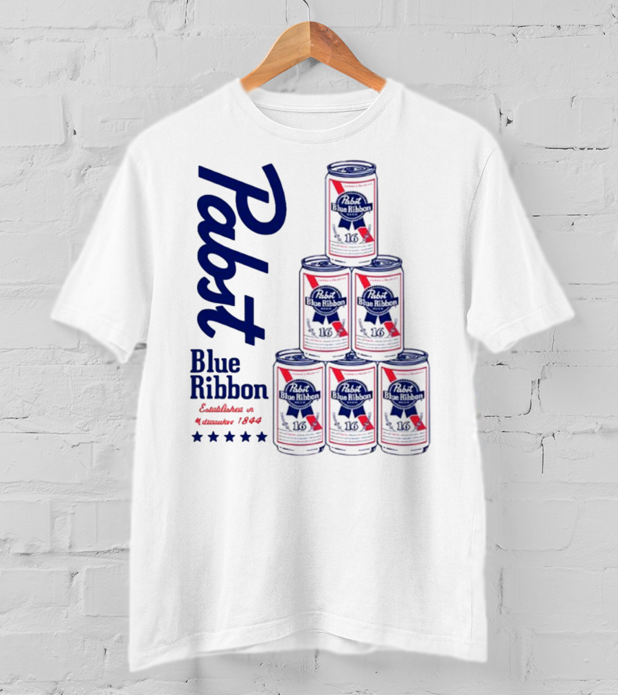 Pabst Blue Ribbon Beer Can Pyramid Established 1844 T-Shirt