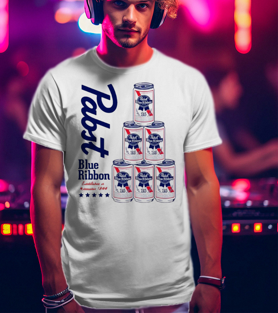 Pabst Blue Ribbon Beer Can Pyramid Established 1844 T-Shirt