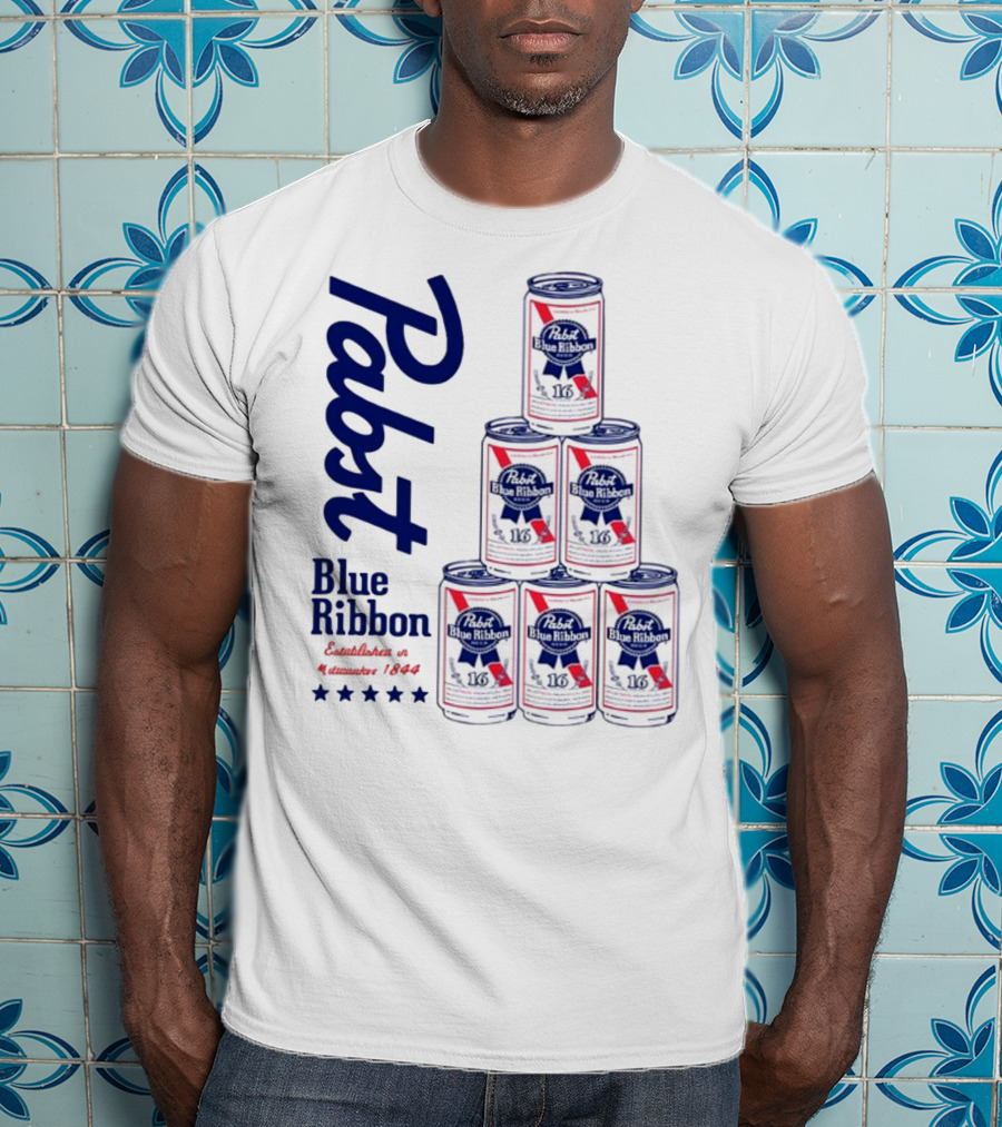 Pabst Blue Ribbon Beer Can Pyramid Established 1844 T-Shirt