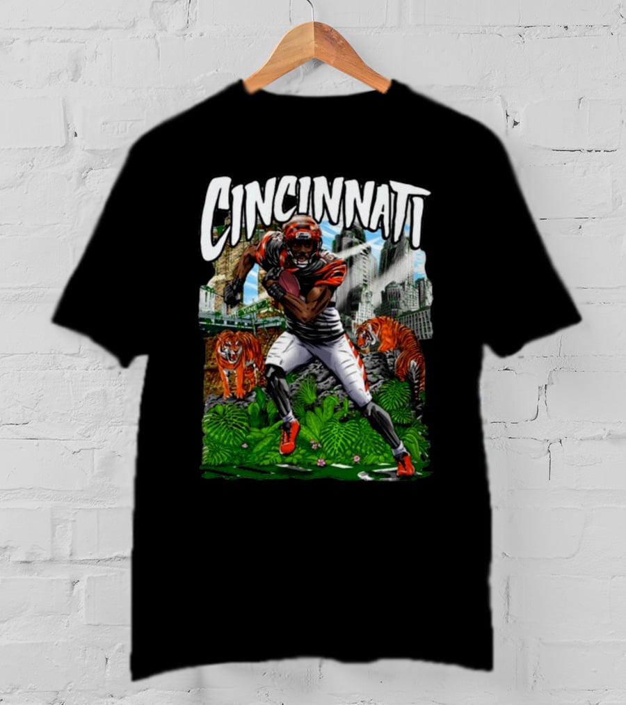 Cincinnati Jungle Football Player With Tigers And City Skyline T-Shirt