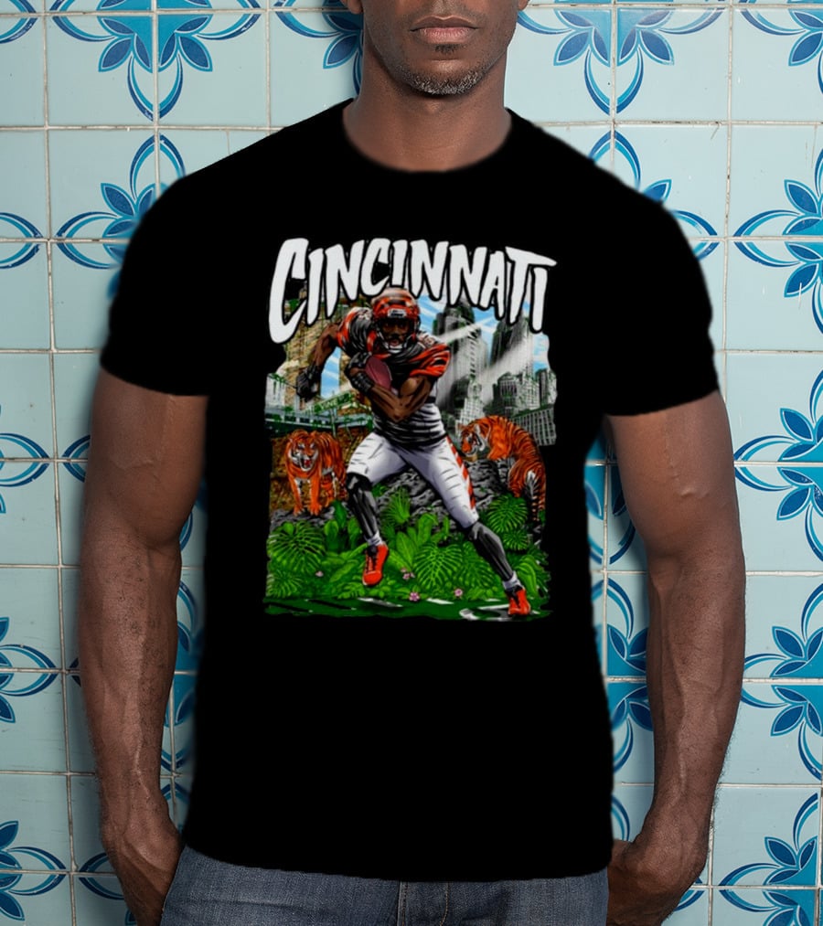 Cincinnati Jungle Football Player With Tigers And City Skyline T-Shirt
