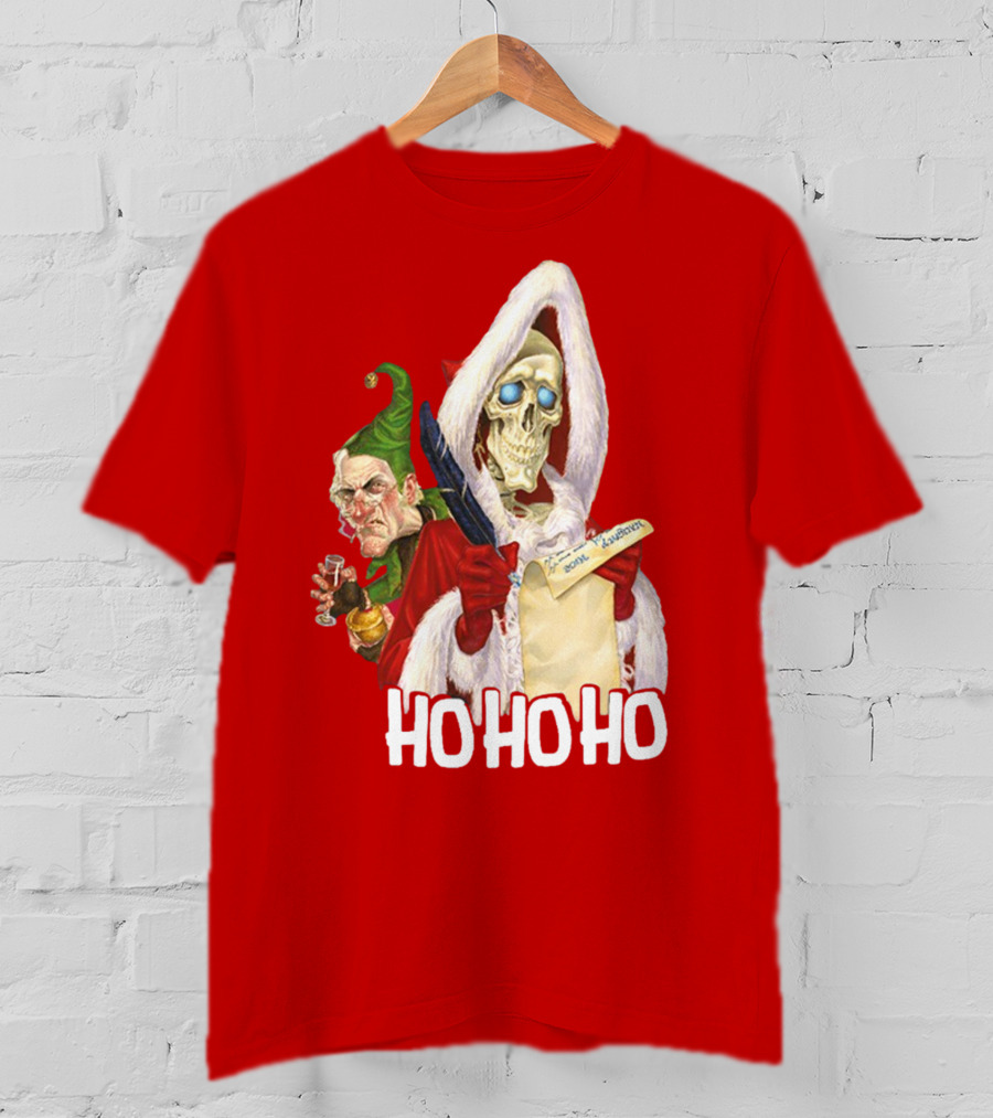 Ho Ho Ho Death With Albert Hogs Santa Skeleton And Elf T-Shirt