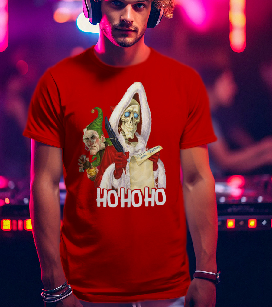 Ho Ho Ho Death With Albert Hogs Santa Skeleton And Elf T-Shirt