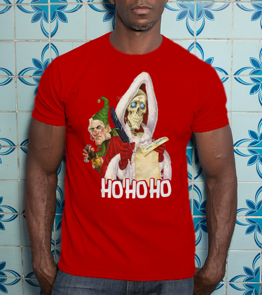 Ho Ho Ho Death With Albert Hogs Santa Skeleton And Elf T-Shirt