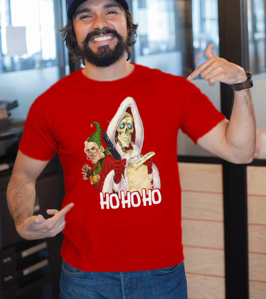 Ho Ho Ho Death With Albert Hogs Santa Skeleton And Elf T-Shirt