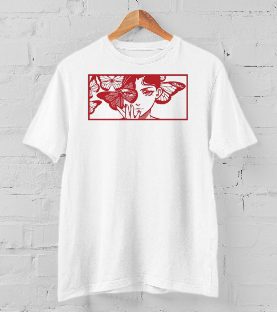 Maxmusic Enigmatic Red Butterflies And Woman In Rectangular Frame T-Shirt