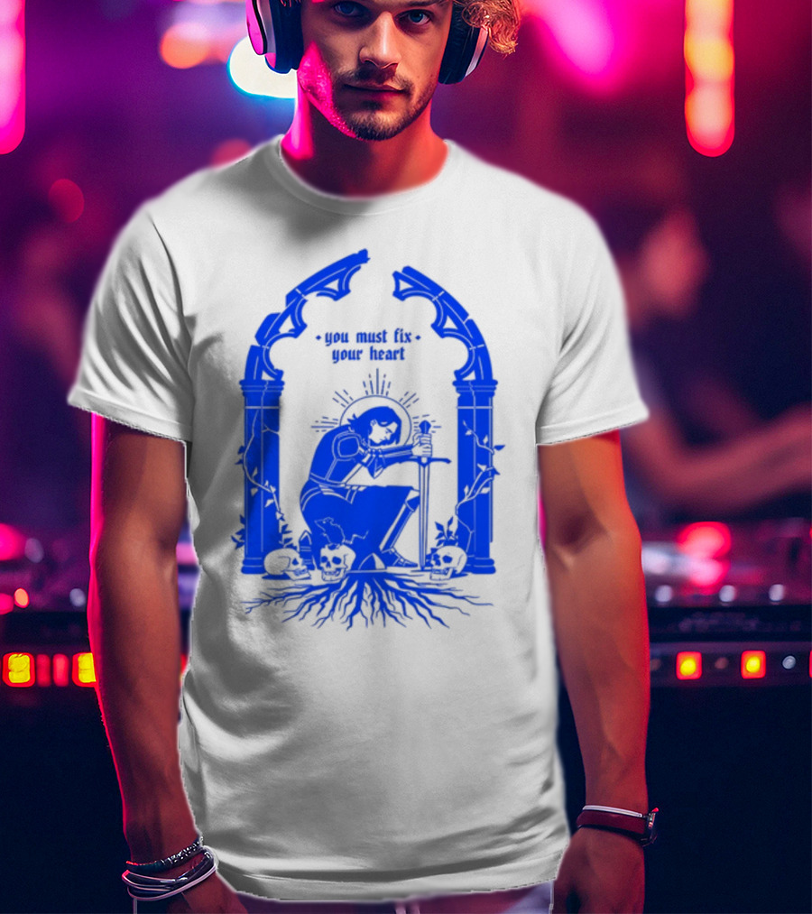 You Must Fix Your Heart Kneeling Skeleton With Sword And Skull Gothic Arch T-Shirt