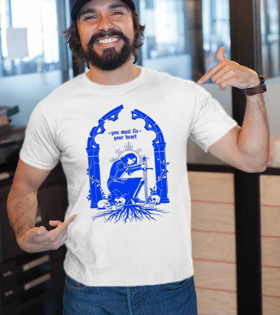 You Must Fix Your Heart Kneeling Skeleton With Sword And Skull Gothic Arch T-Shirt