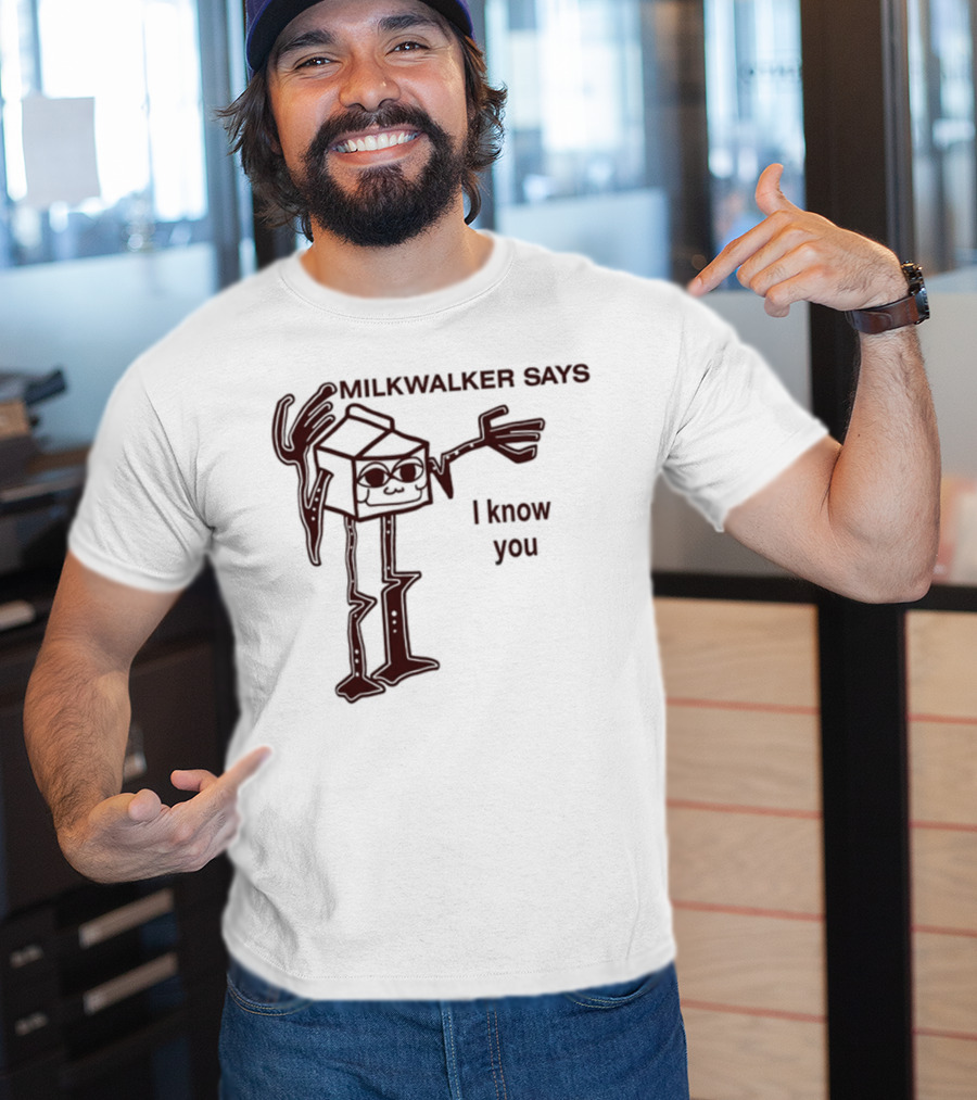 MILKWALKER SAYS I KNOW YOU Creepy Tall Cartoon Character Box Milk T-Shirt