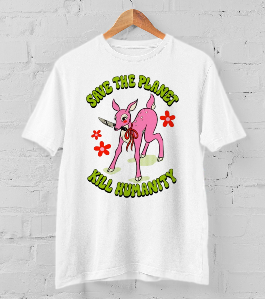 Tragicgirlsco Save The Planet Kill Humanity Pink Deer Floral T-Shirt