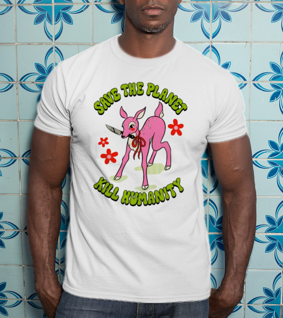 Tragicgirlsco Save The Planet Kill Humanity Pink Deer Floral T-Shirt