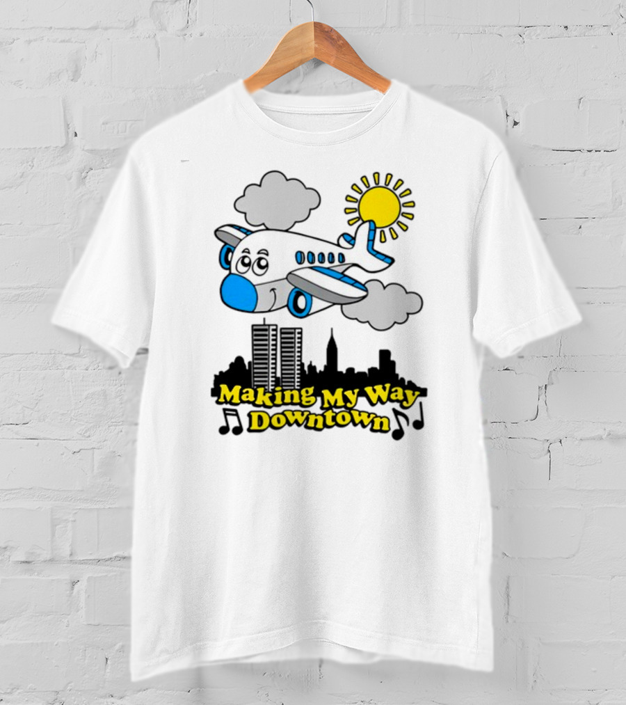 Making My Way Downtown Airplane City Skyline Sun Cloud Notes T-Shirt