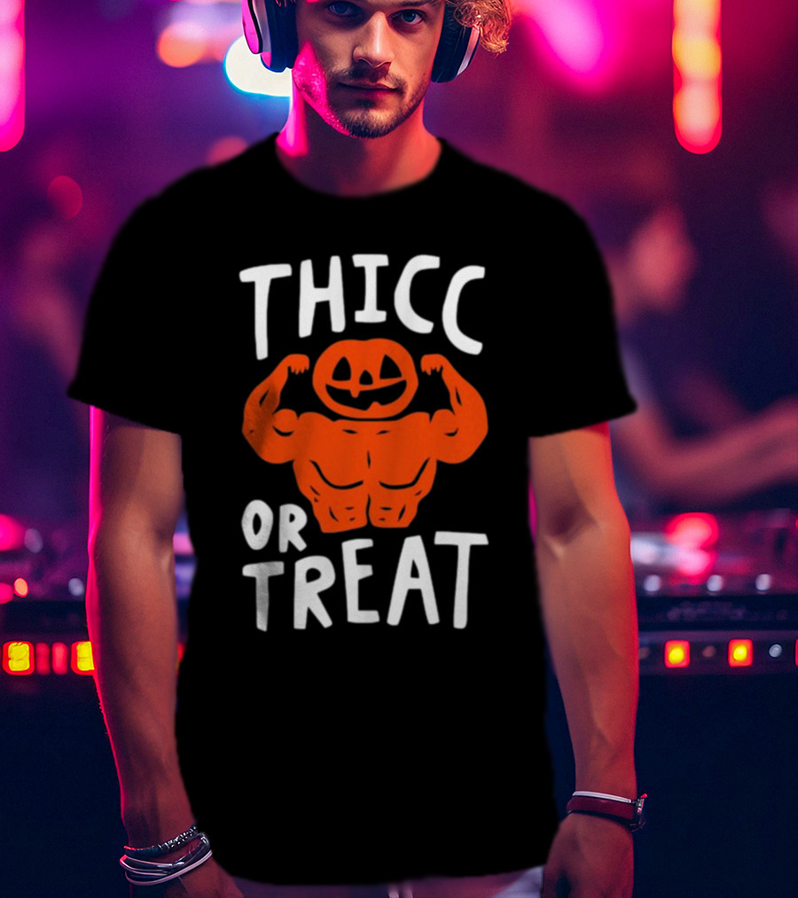 Thicc Or Treats Pumpkin Flexing Muscles T-Shirt