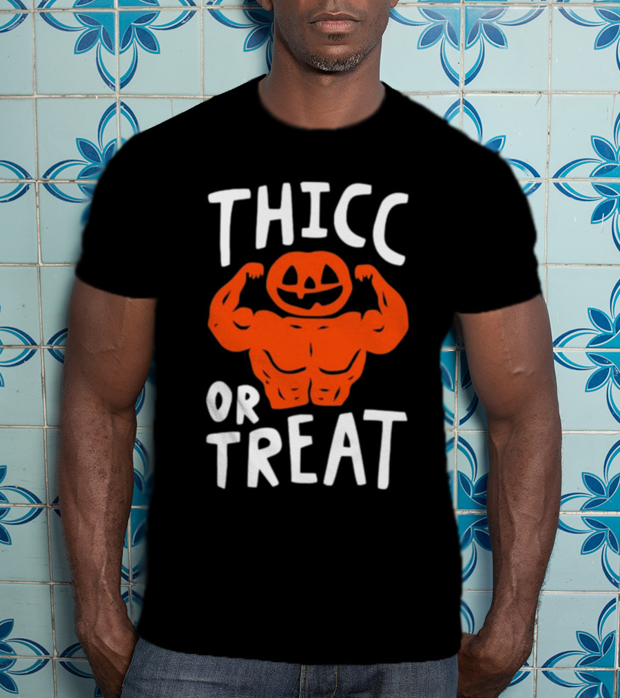 Thicc Or Treats Pumpkin Flexing Muscles T-Shirt