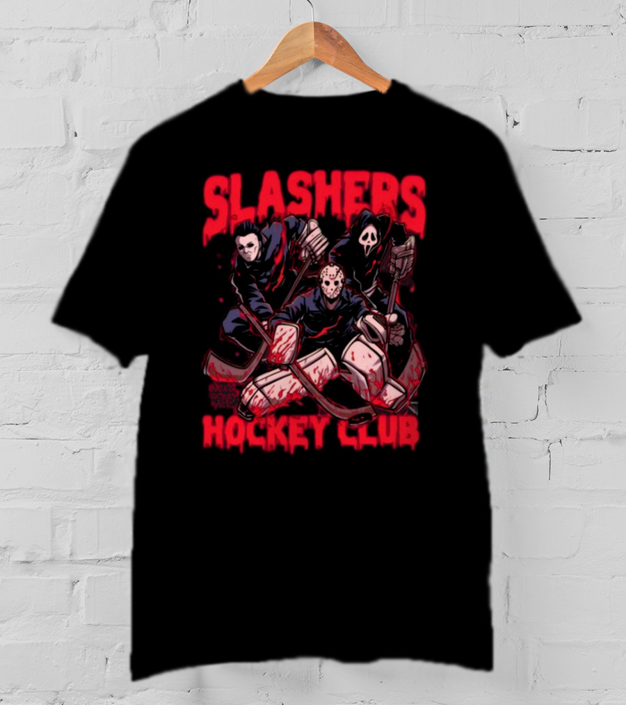 Slashers Hockey Club Horror Icons With Masks And Sticks T-Shirt
