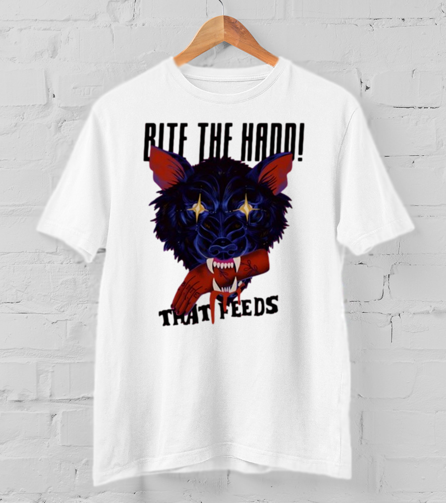 Galactixy Bite The Hand That Feeds Wolf With Glowing Eyes Holding Severed Hand T-Shirt