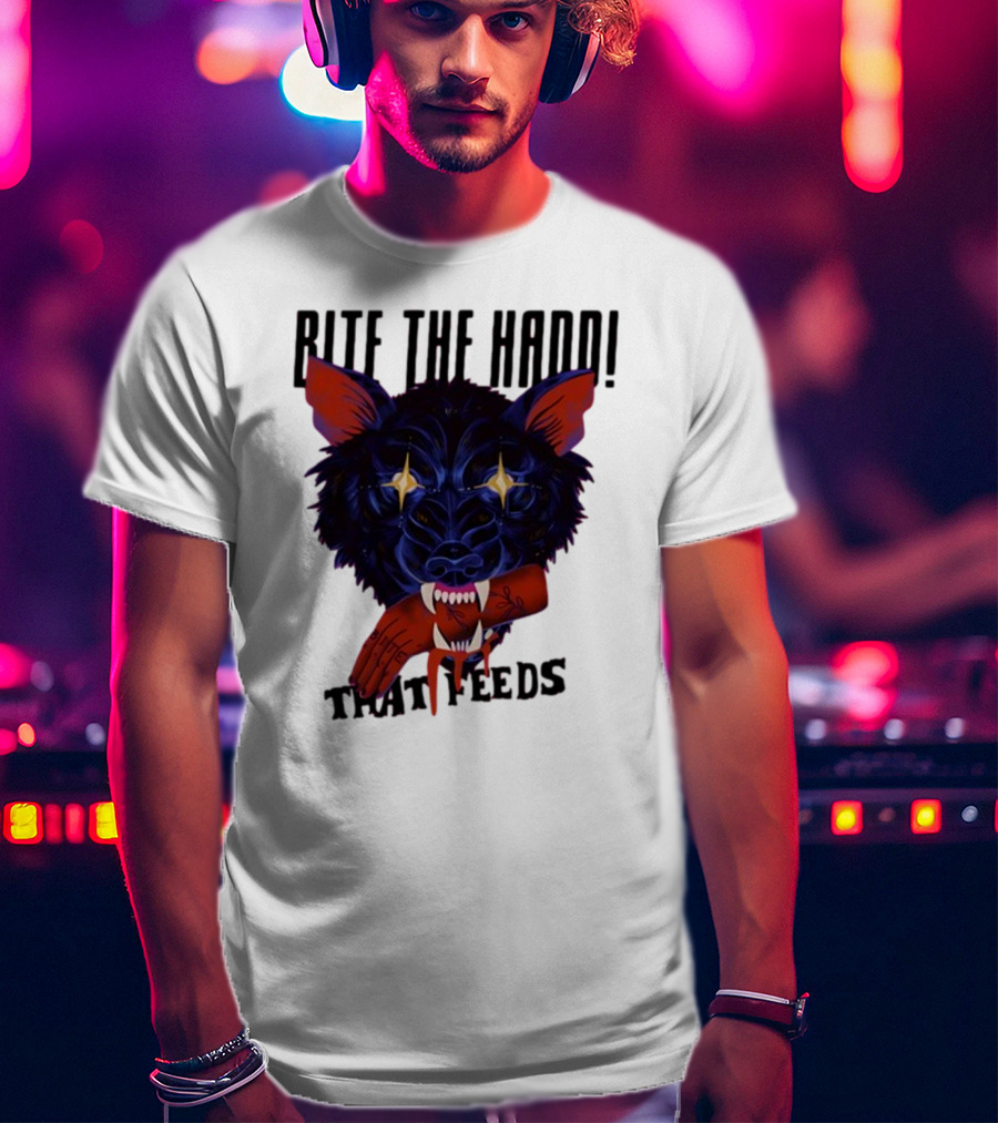 Galactixy Bite The Hand That Feeds Wolf With Glowing Eyes Holding Severed Hand T-Shirt