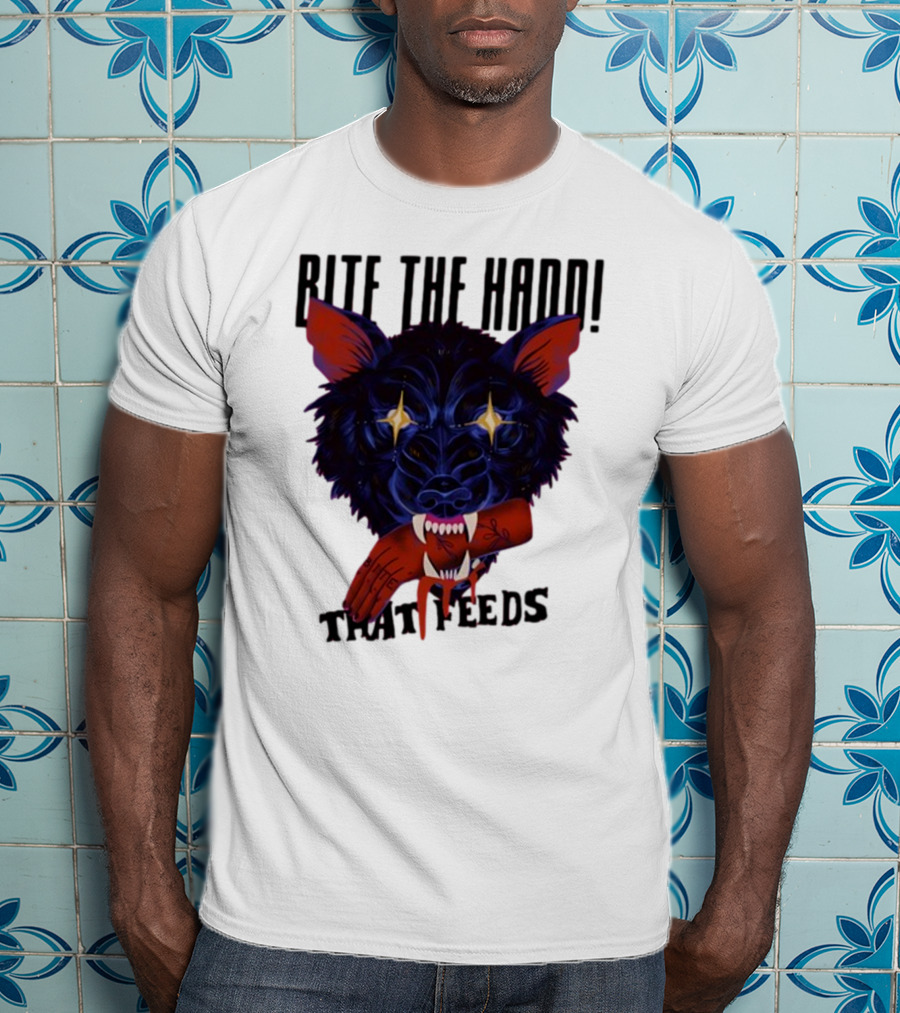 Galactixy Bite The Hand That Feeds Wolf With Glowing Eyes Holding Severed Hand T-Shirt