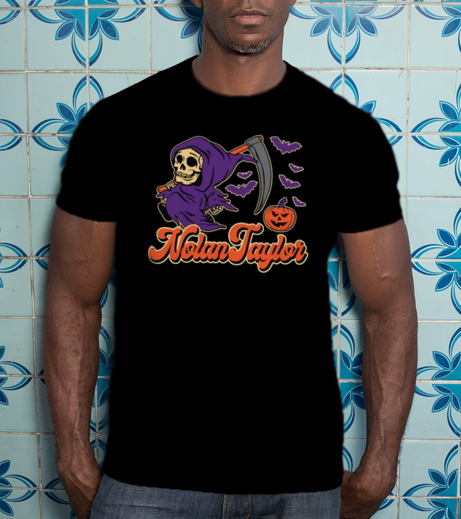 NolanTaylor Halloween Grim Reaper With Scythe And Pumpkin Bats T-Shirt