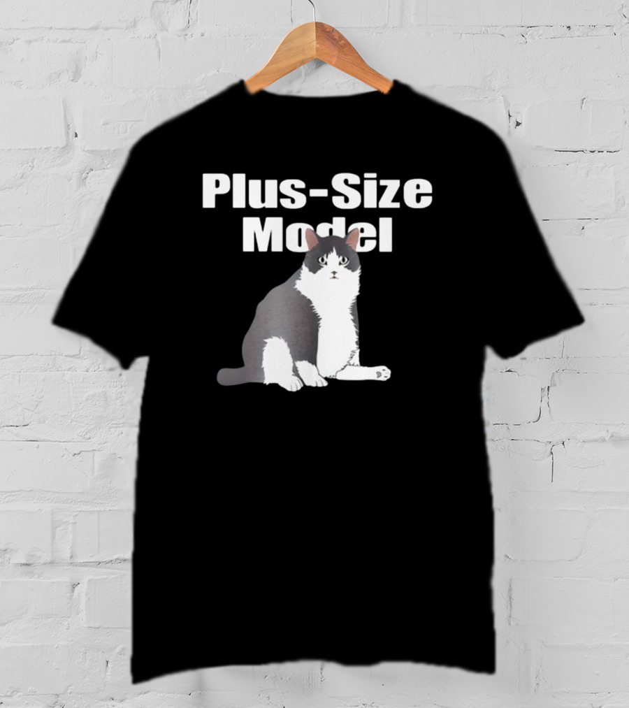 Plus-Size Model Cade Cat White Text Black Background Sitting Gray And White Cat Image T-Shirt