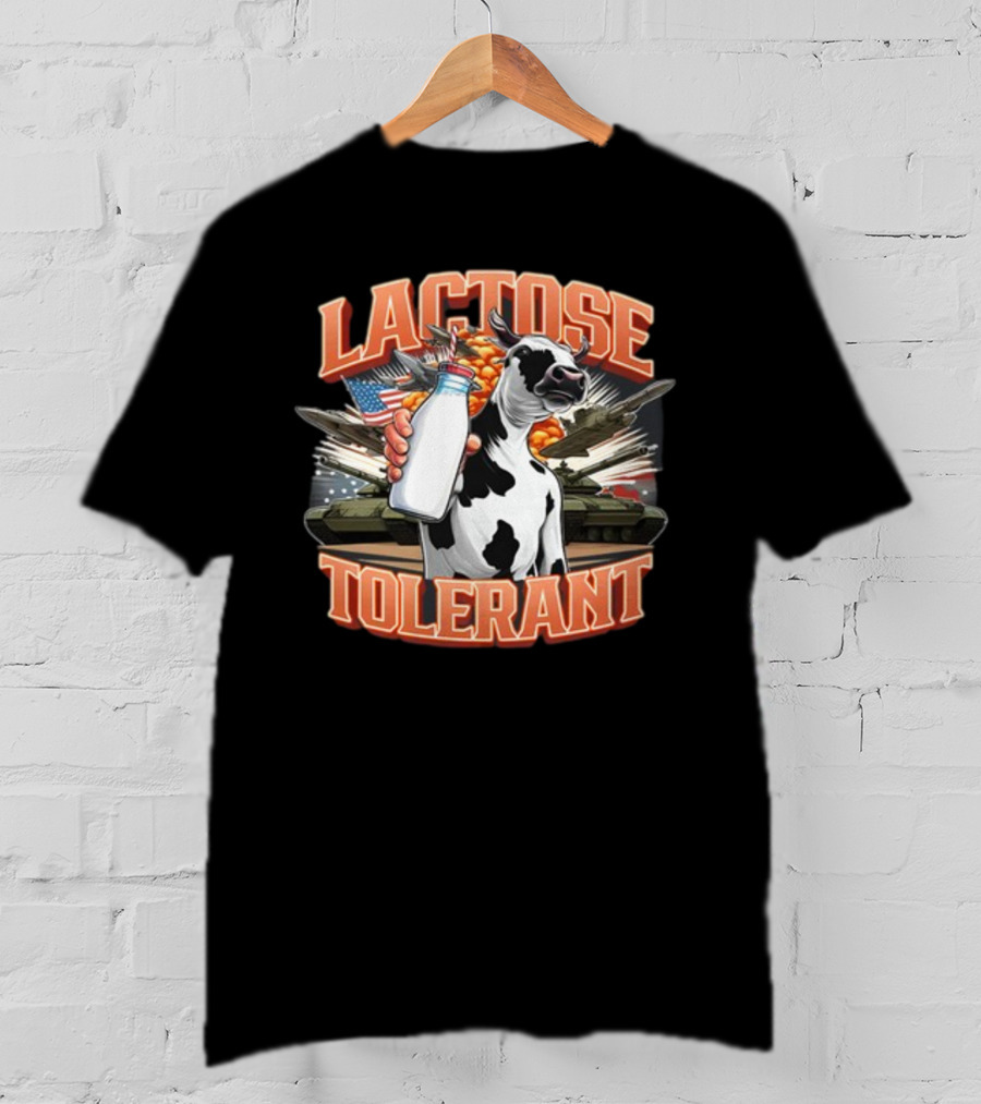 Lactose Tolerant Cow Holding Milk With Explosive Flags And Tanks T-Shirt