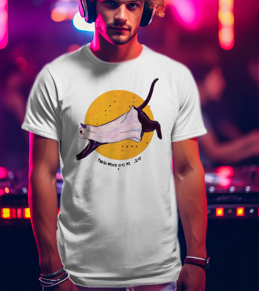 You’ll Never Take Me Alive Cat In Ghost Costume With Yellow Moon And Stars T-Shirt