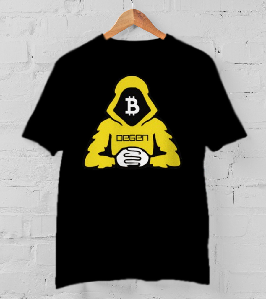 Bitcoin Degen Hooded Figure With Bitcoin Logo And Folded Hands T-Shirt