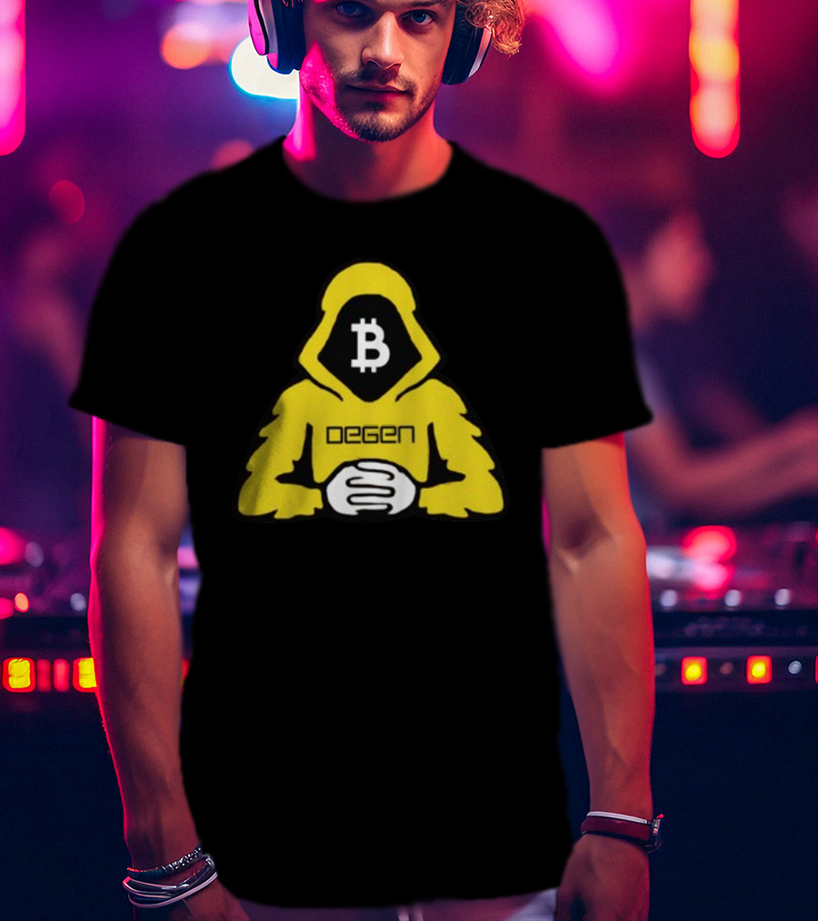 Bitcoin Degen Hooded Figure With Bitcoin Logo And Folded Hands T-Shirt