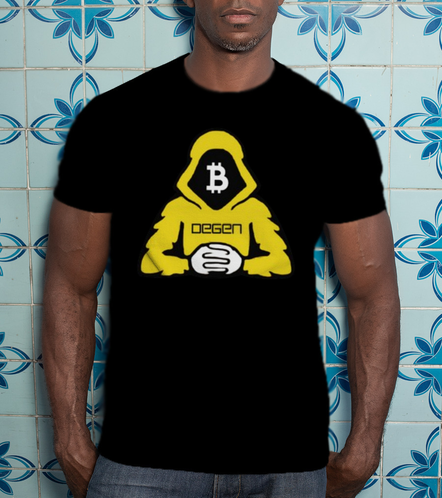Bitcoin Degen Hooded Figure With Bitcoin Logo And Folded Hands T-Shirt