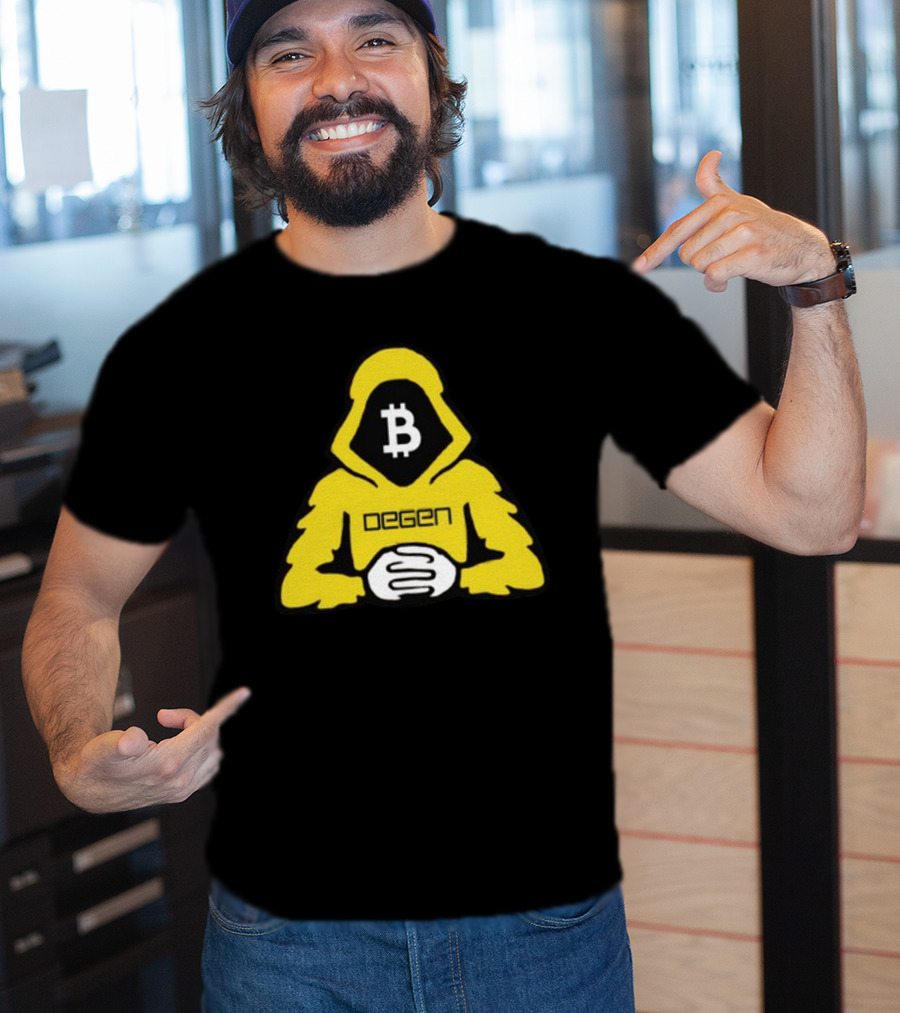 Bitcoin Degen Hooded Figure With Bitcoin Logo And Folded Hands T-Shirt