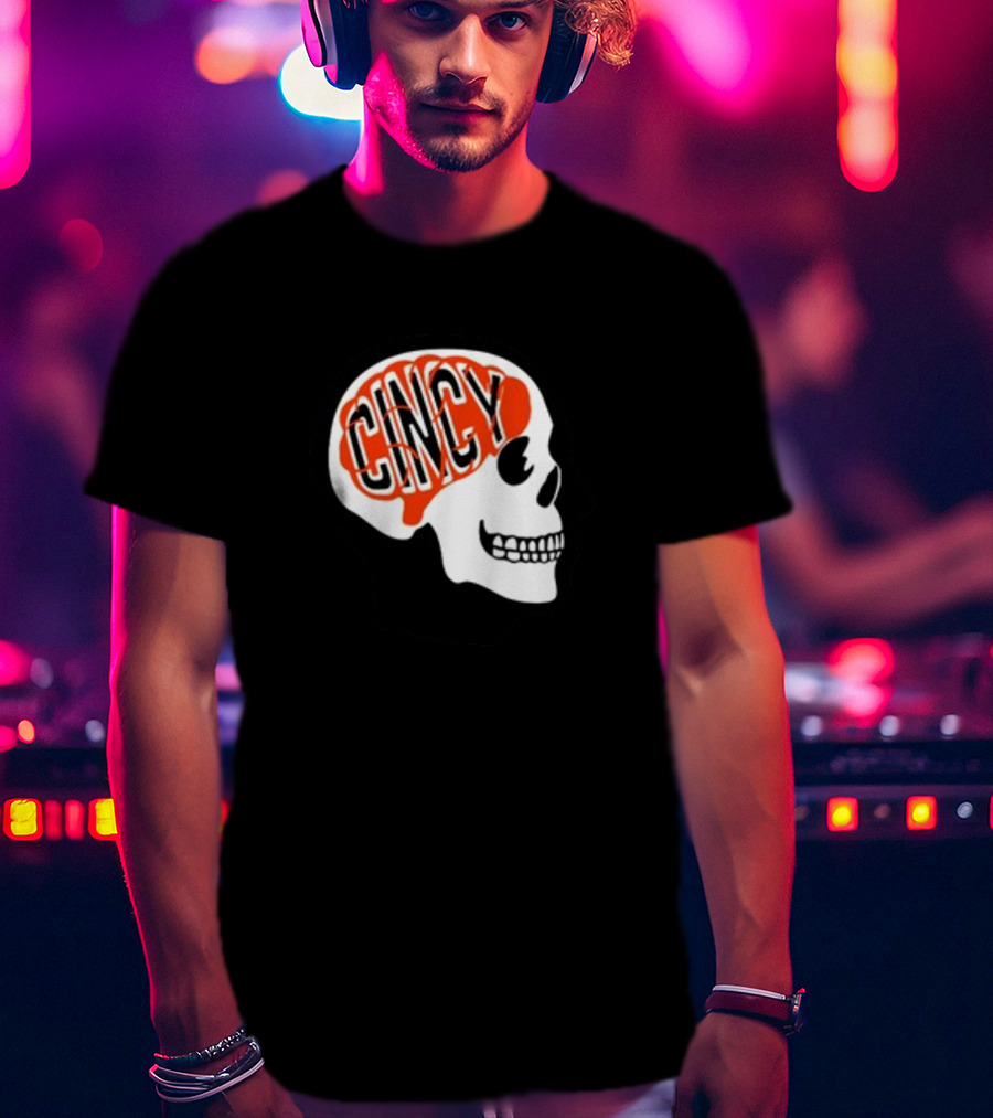 Cincy On The Brain Football Helmet Skull T-Shirt