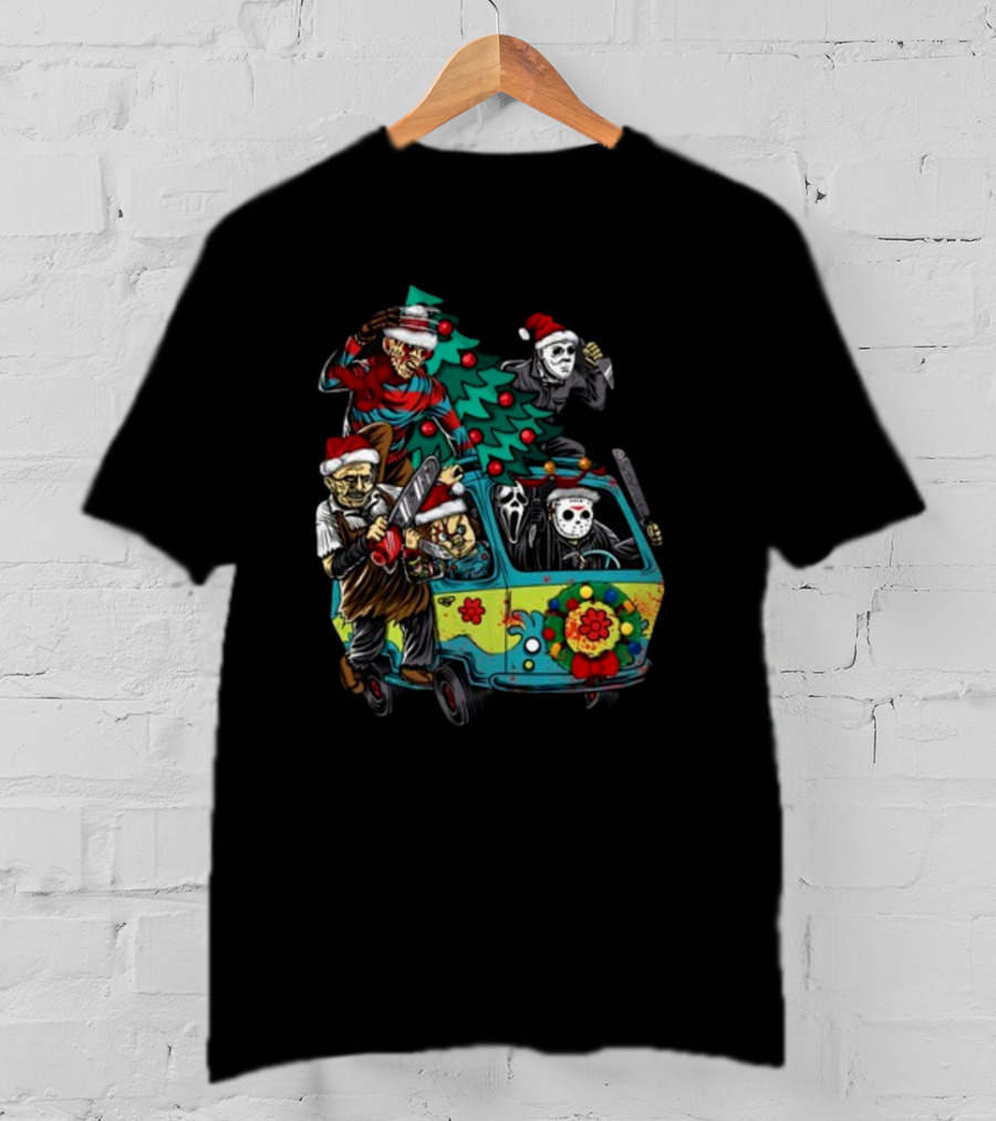 Horror Movie Characters In Christmas Santa Hats With Tree On Fun Van T-Shirt