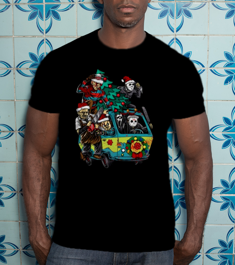 Horror Movie Characters In Christmas Santa Hats With Tree On Fun Van T-Shirt