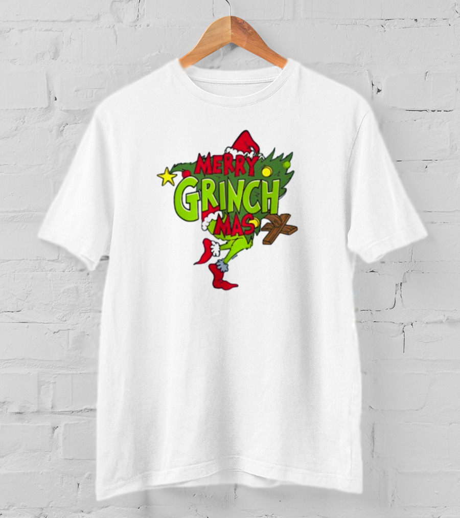 Merry Grinchmas Tree With Santa Hat And Holiday Decorations T-Shirt