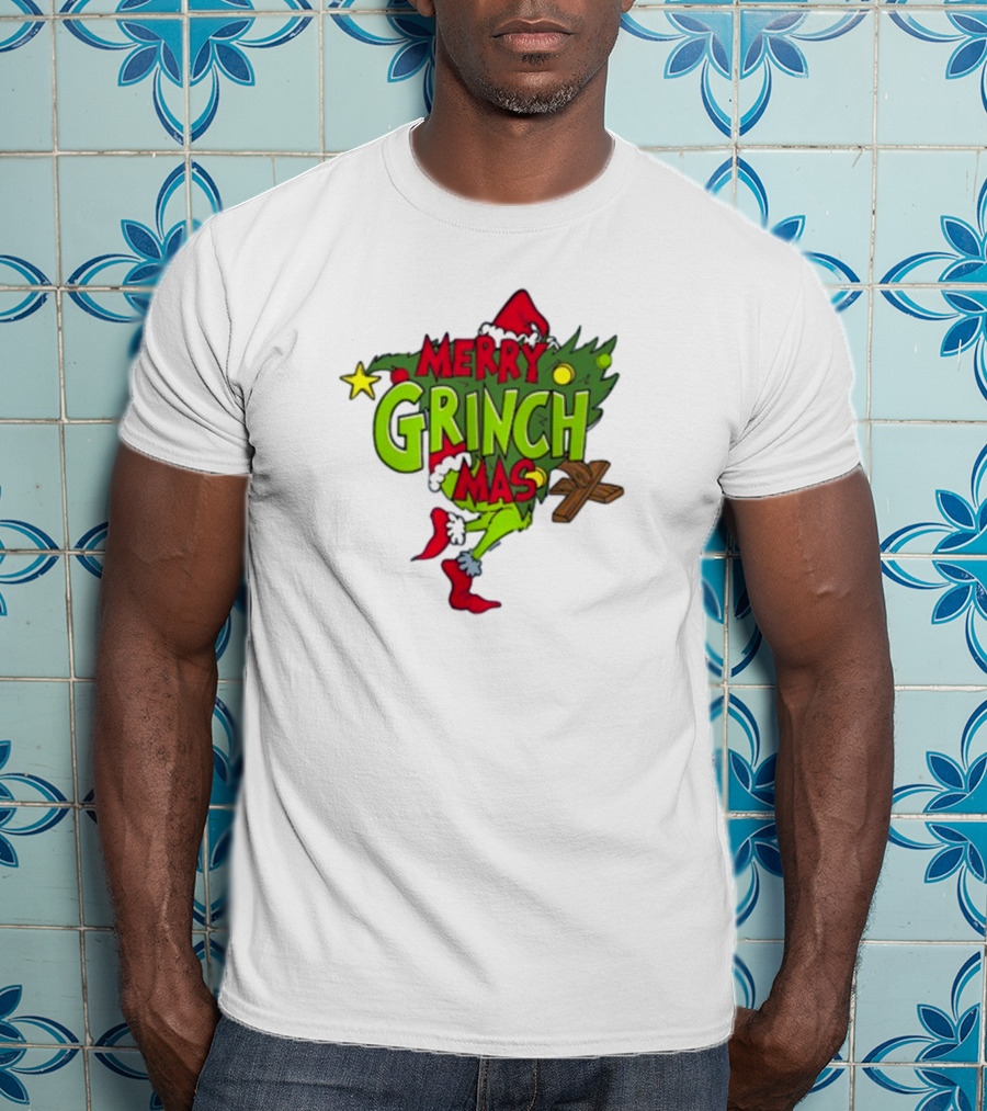 Merry Grinchmas Tree With Santa Hat And Holiday Decorations T-Shirt