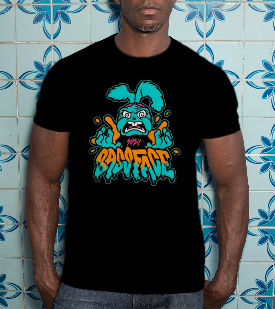 Sippy Bass Face Angry Cartoon Character With Blue And Orange Accents T-Shirt