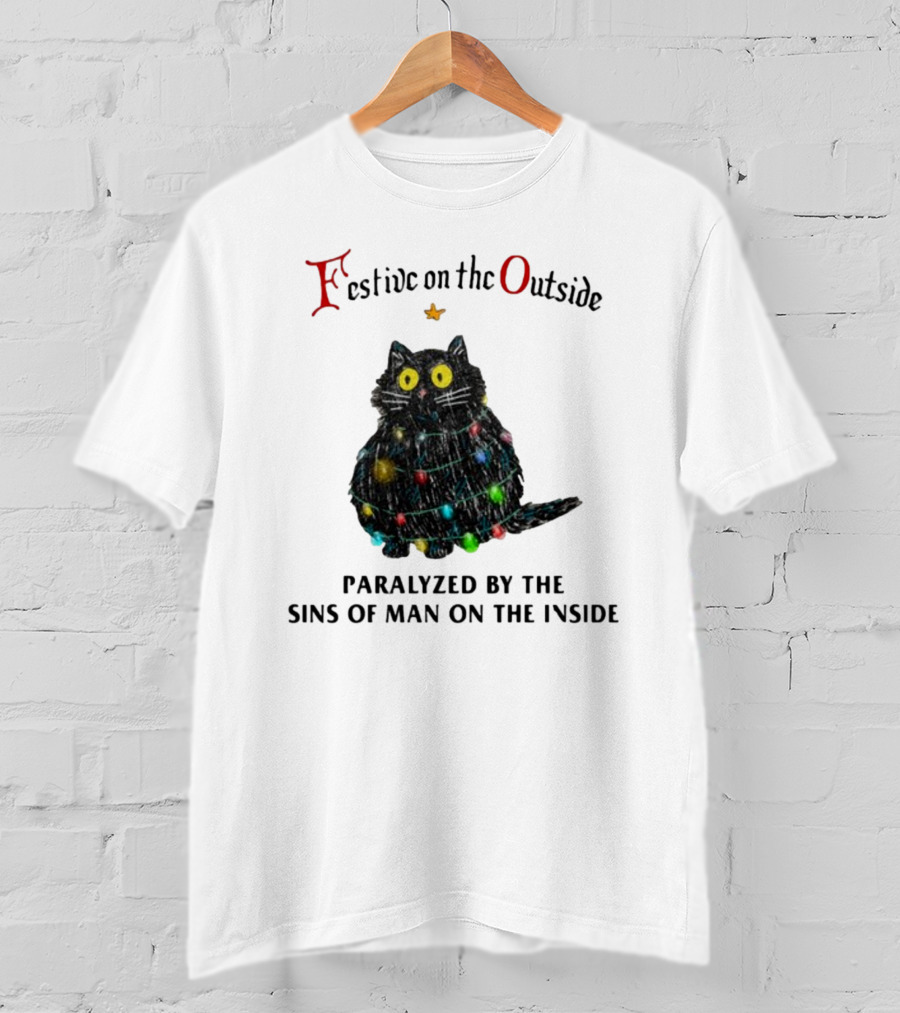 Festive On The Outside Paralyzed By The Sins Of Man On The Inside Cat Wrapped In Christmas Lights T-Shirt
