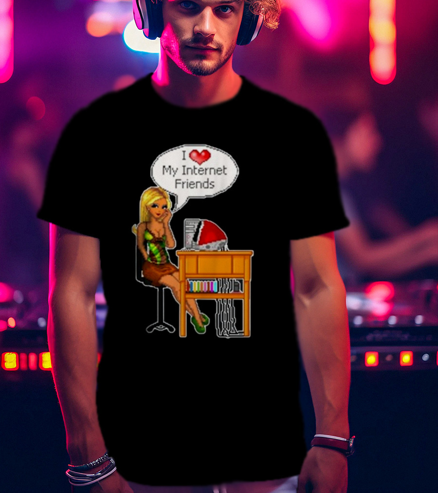 Cherrykitten I Love My Internet Friends Y2K Vintage Blonde Girl At Desk Pixel T-Shirt